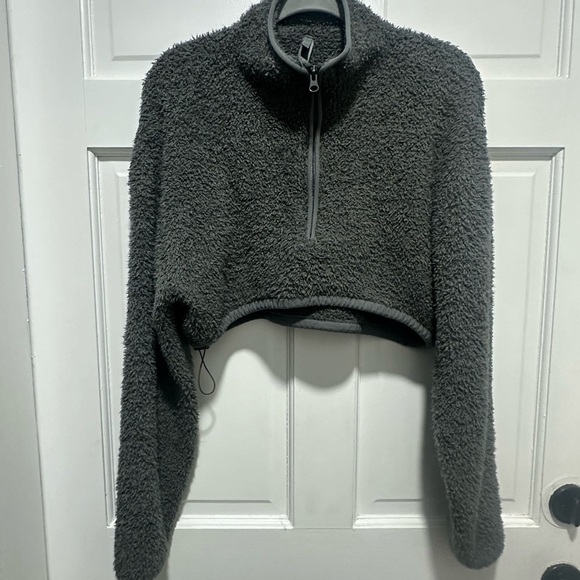 Skims Cozy Fleece Zip-Up Crop Sweater Sage Green S/M - Picture 2 of 4